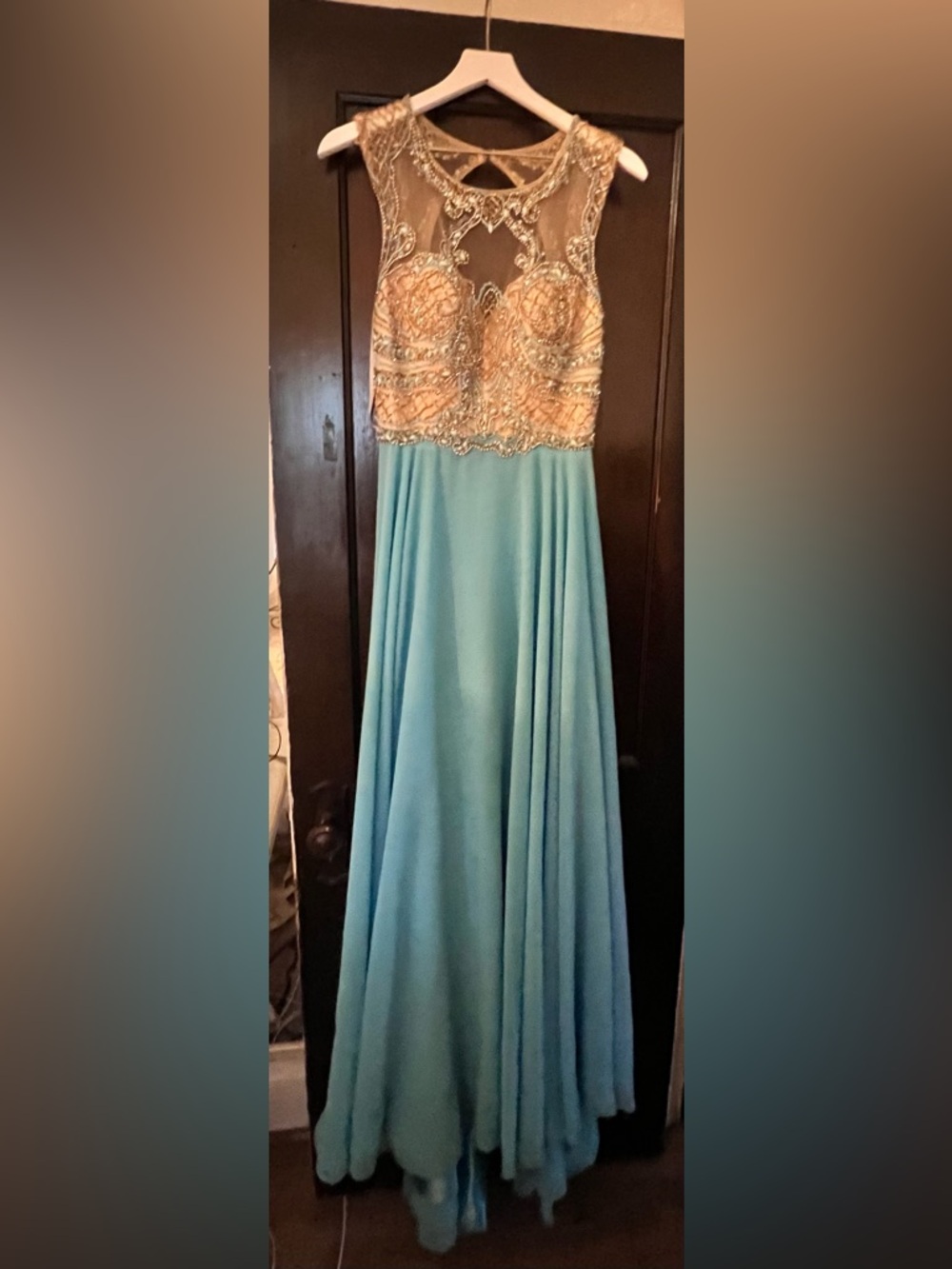 Sherri Hill Aqua Skirt with Gold Embellished Bodice Prom Gown
